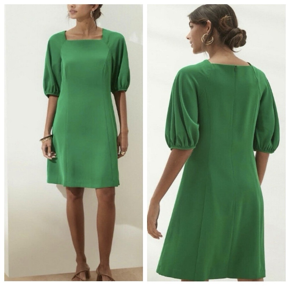 Banana Republic Dress Womens L Tall Green Square Neck Puff Sleeve NWT A-Line